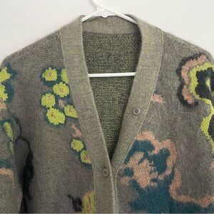 JNBY Floral Gray Oversized Distressed Edge V-Neck Mohair Cardigan Sweater